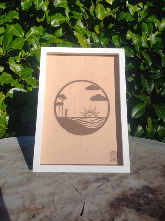 Cadre gravé sur bois, Sunset, blanc