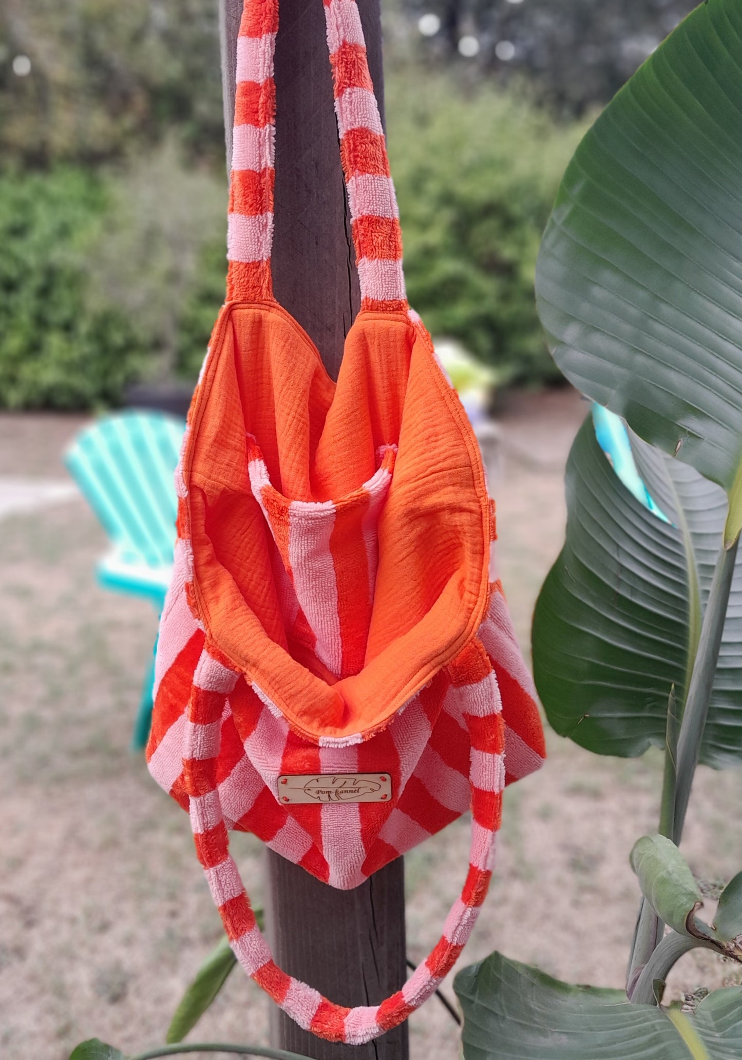 Cabas éponge bambou à rayures - Rose / Tangerine