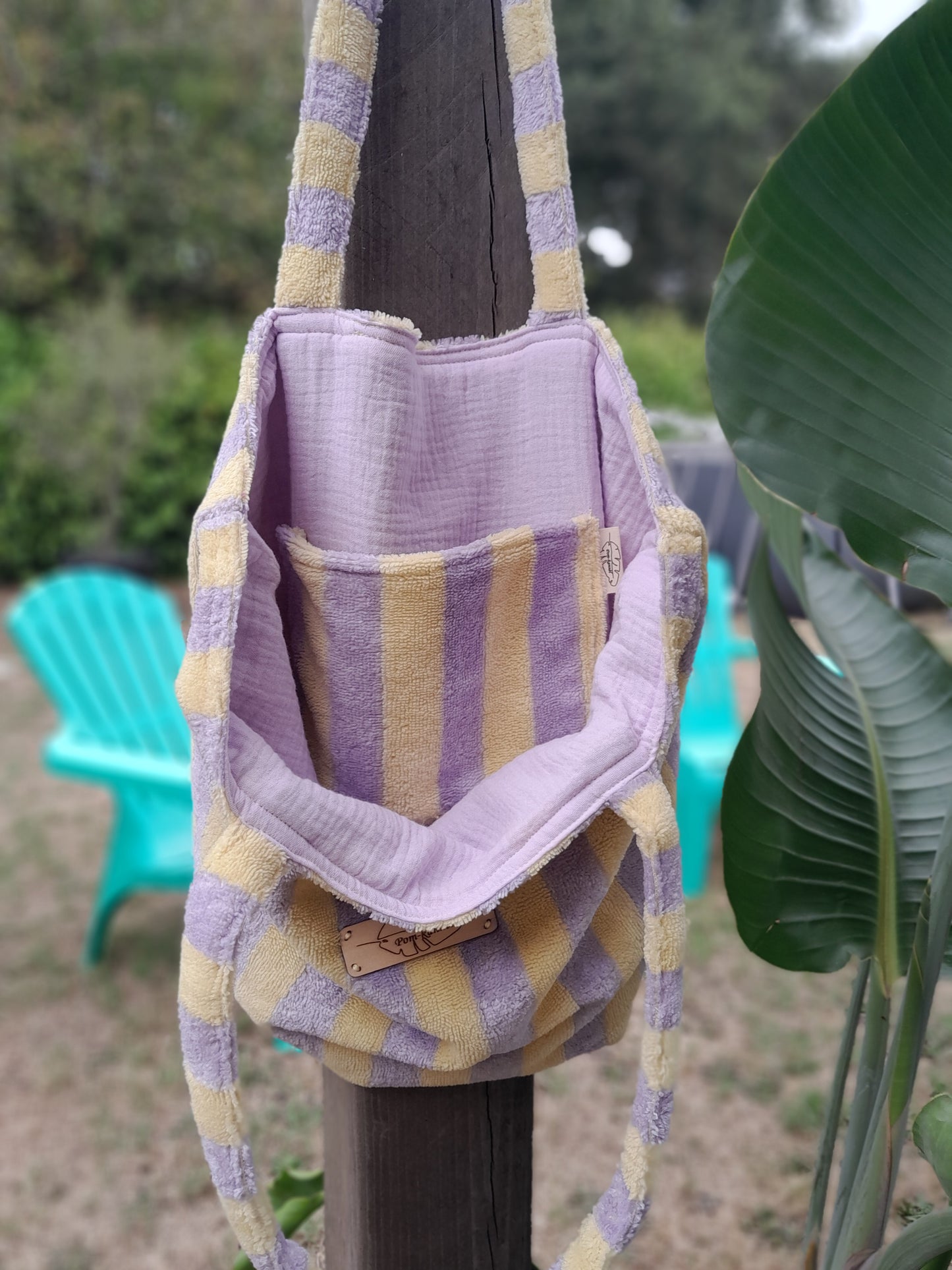 Cabas éponge bambou à rayures - Citron et lilas