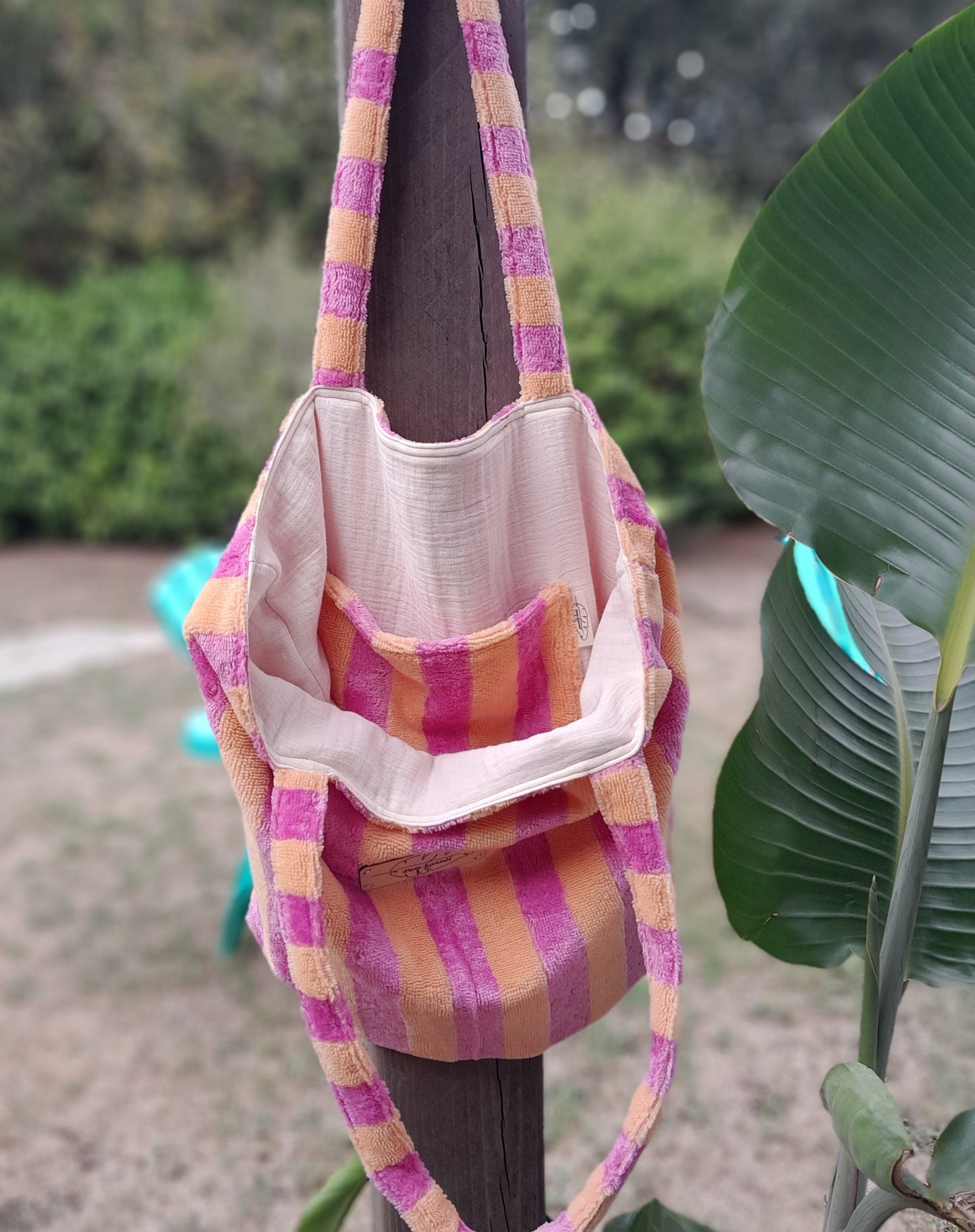 Cabas éponge bambou à rayures - Orange melon / Rose bonbon