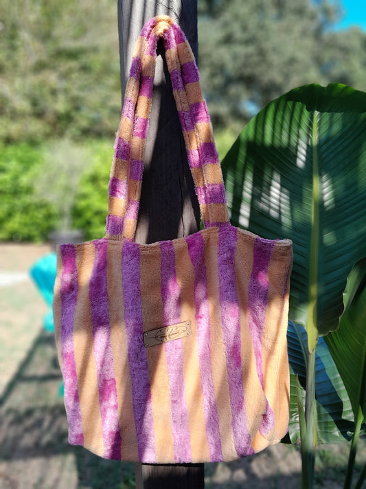 Cabas éponge bambou à rayures - Orange melon / Rose bonbon