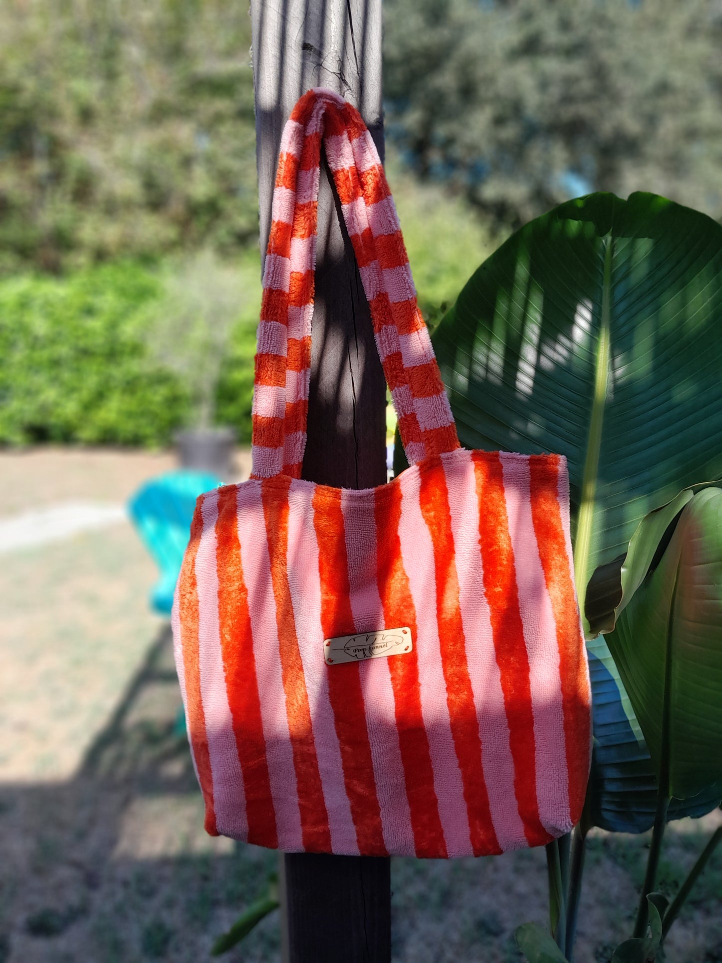 Cabas éponge bambou à rayures - Rose / Tangerine