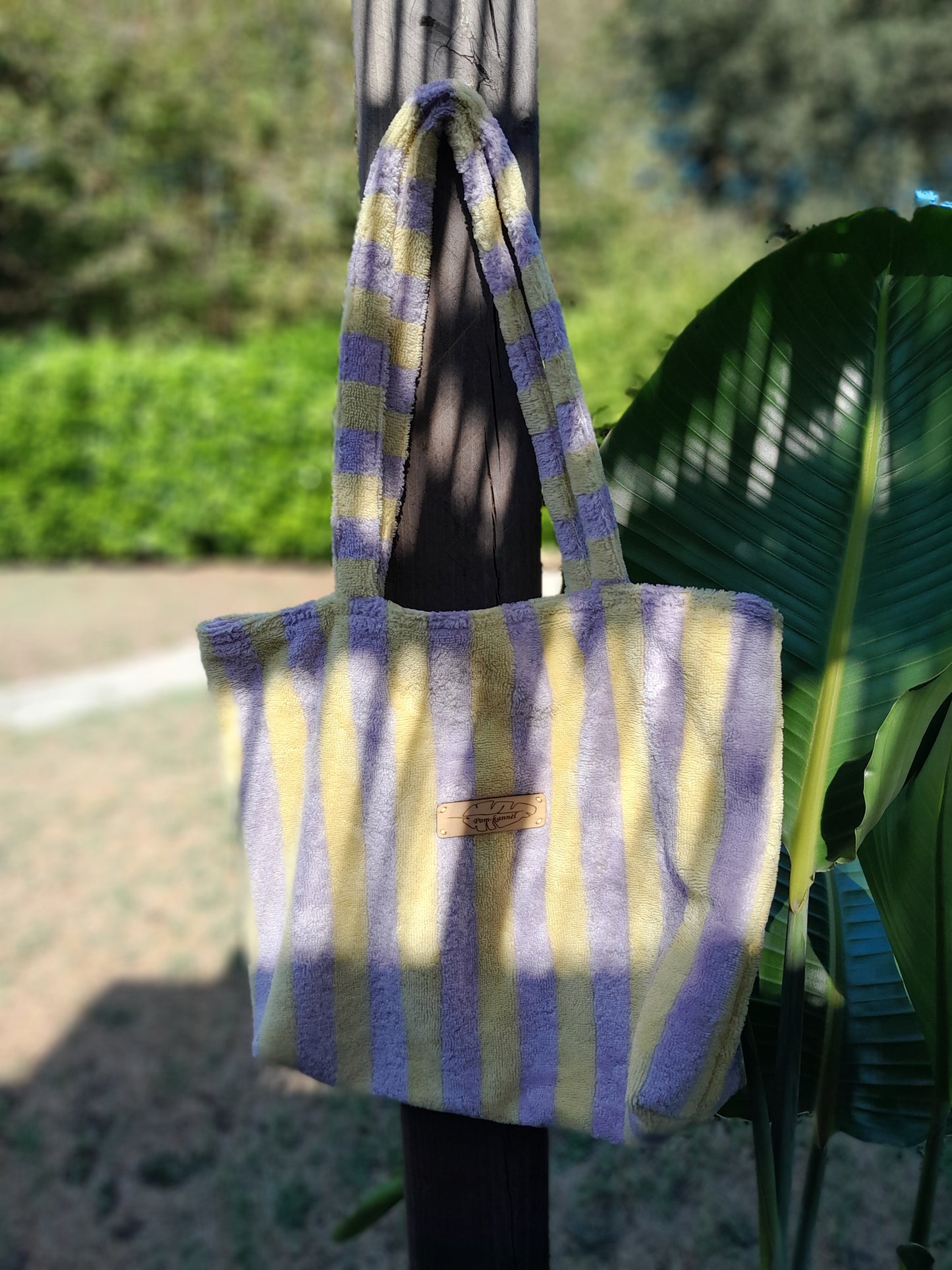 Cabas éponge bambou à rayures - Citron et lilas