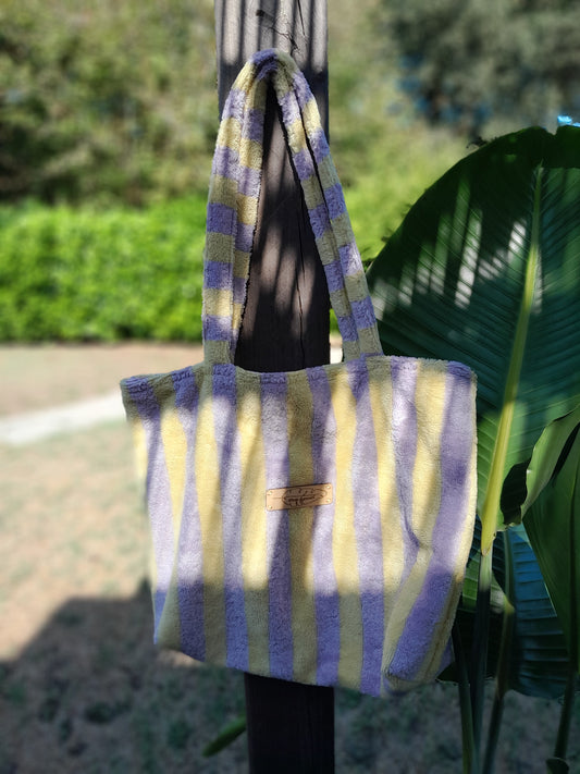 Cabas éponge bambou à rayures - Citron et lilas
